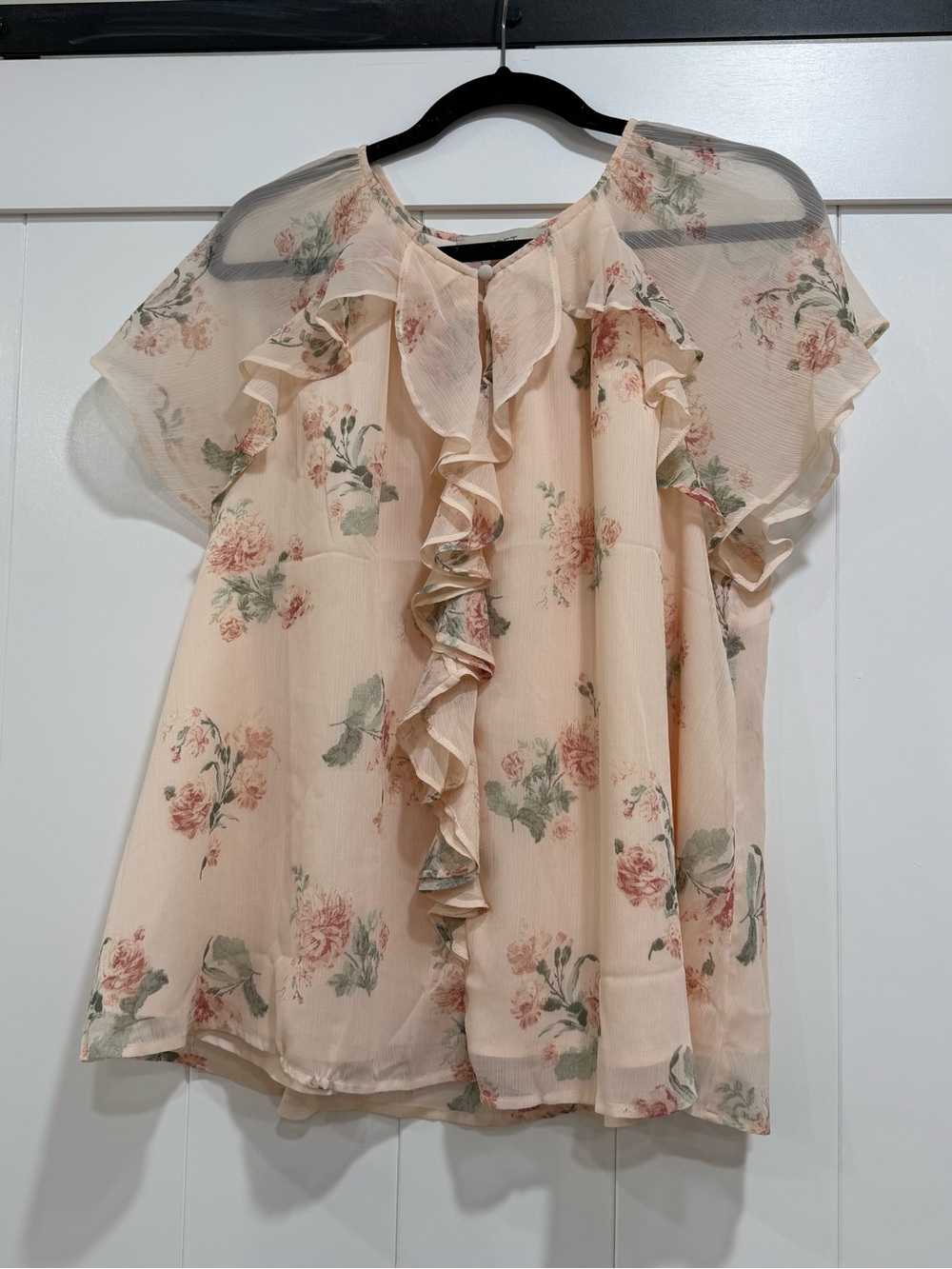 LOFT Cream Floral Ruffle Chiffon Blouse